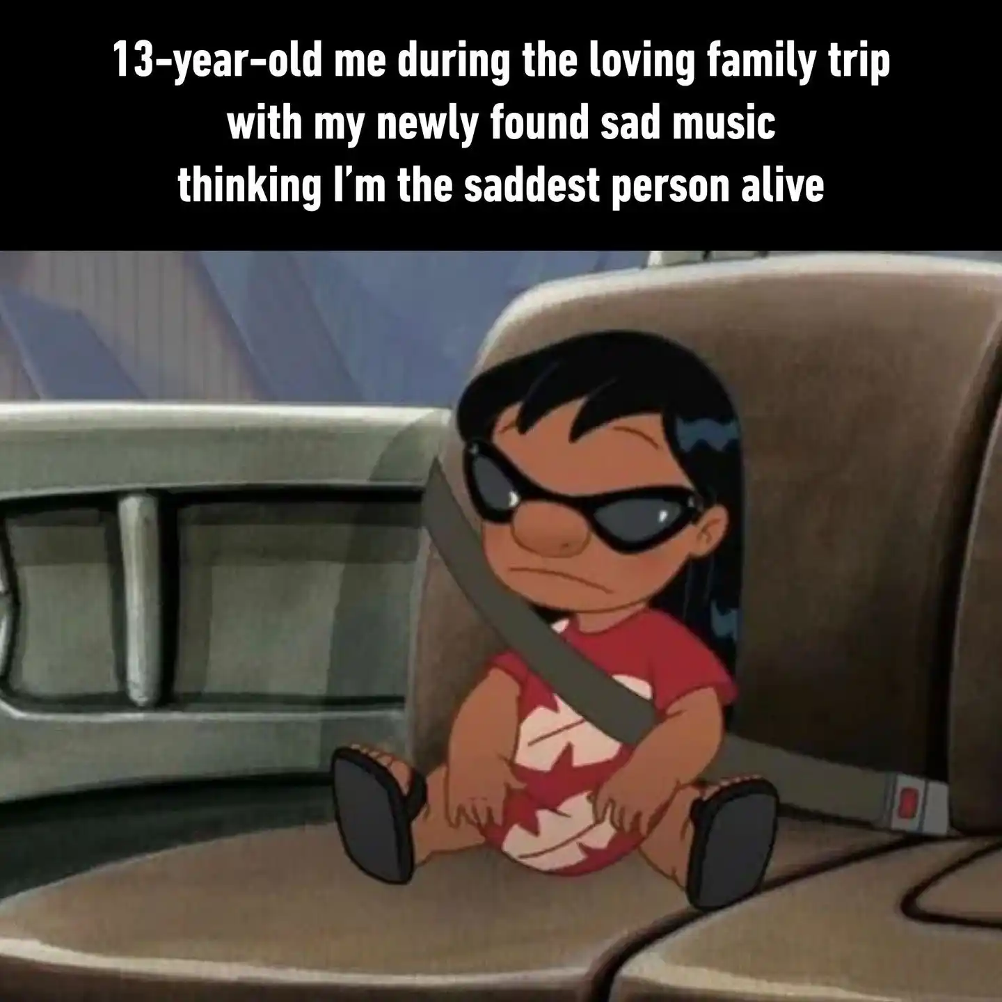 Lilo sad music meme moping in car