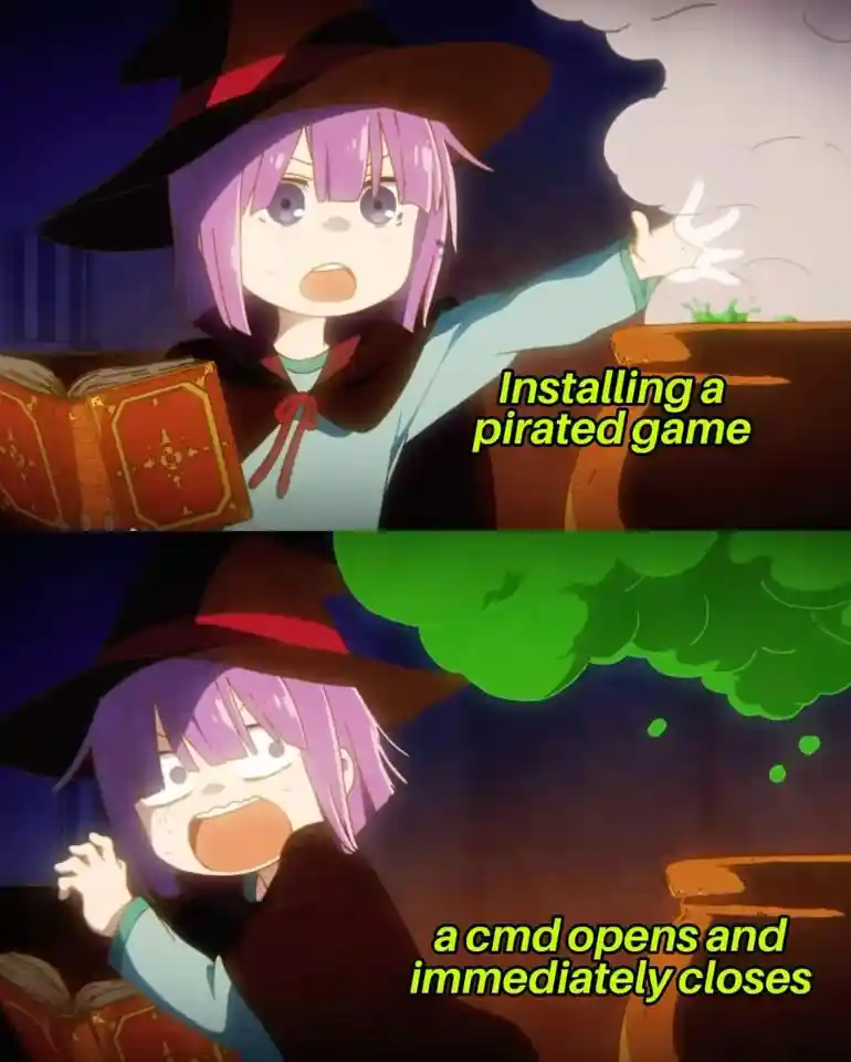 Pirated game meme panics when cmd closes