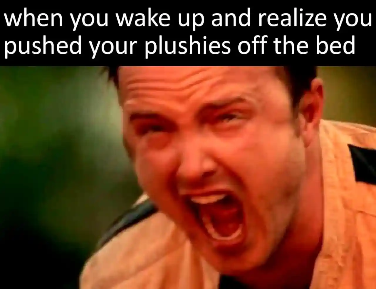 Aaron paul screaming meme upset after pushing plushies off bed