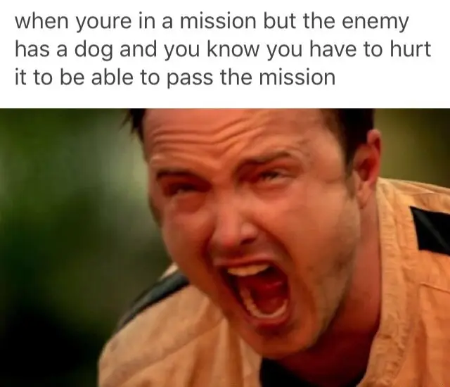 Aaron paul screaming meme struggling to hurt enemy dog in mission