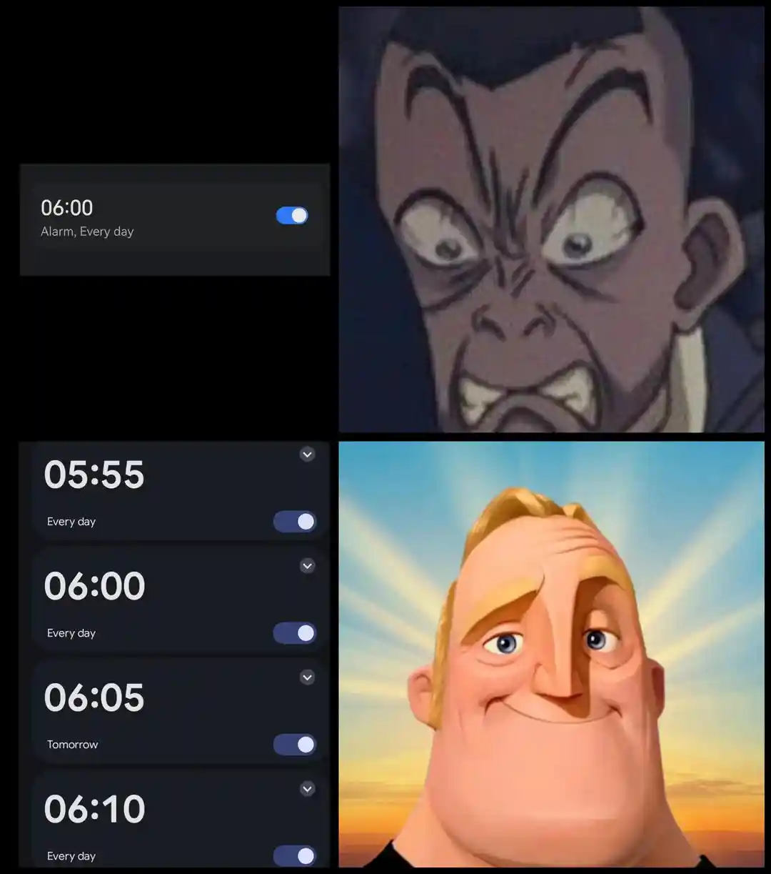 Staggered alarms meme waking up slowly
