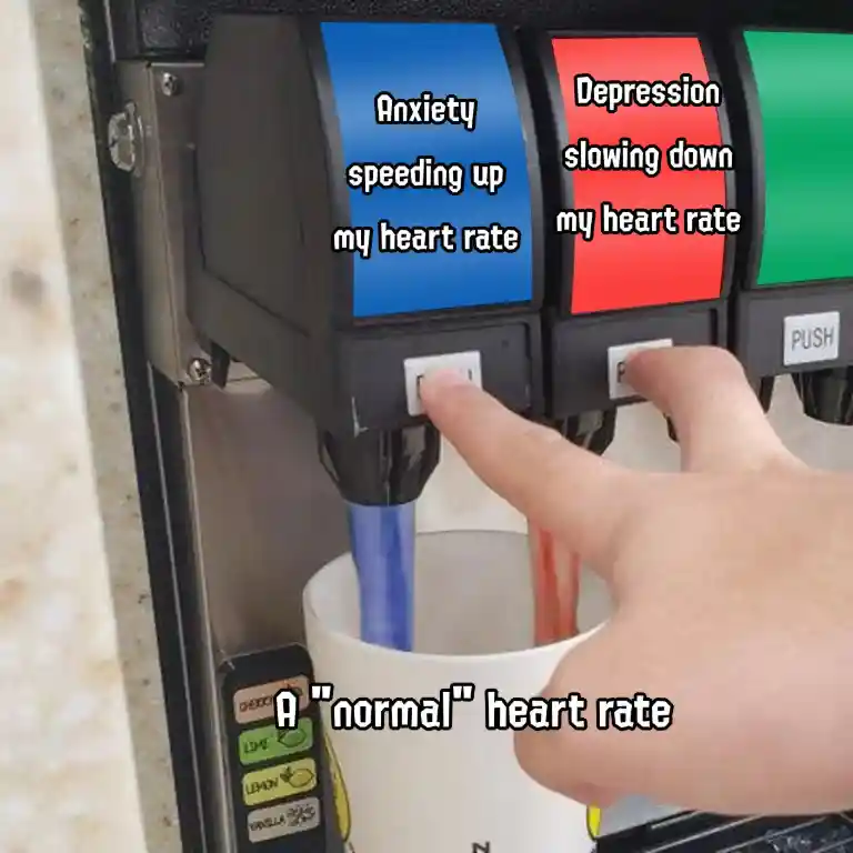 Anxiety depression heart rate meme pressing two soda buttons