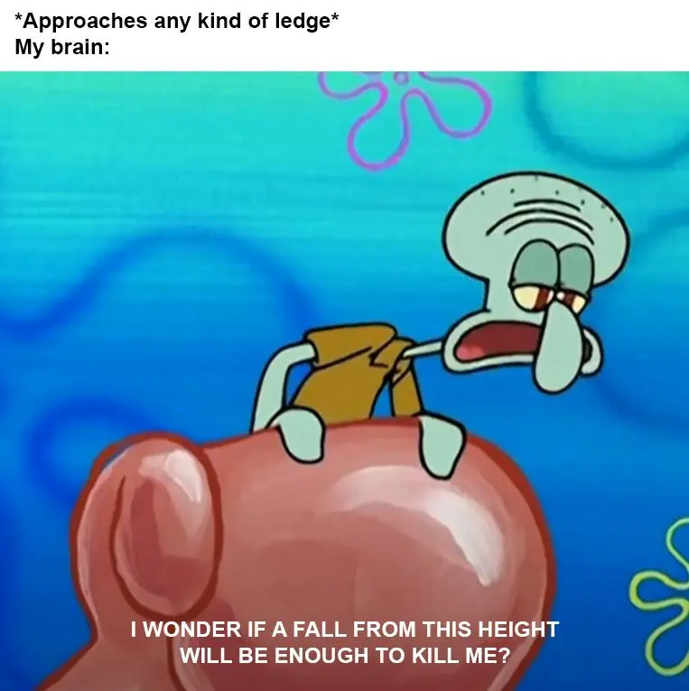 Squidward ledge meme thinking of falling