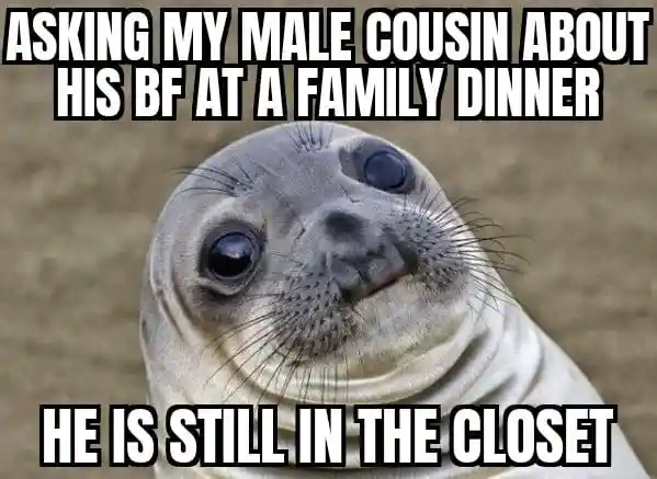 Awkward moment seal meme asking cousin about bf at dinner