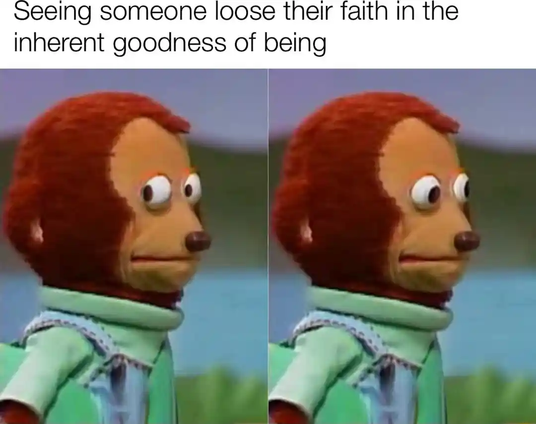 Awkward monkey puppet meme seeing others lose faith in humanity