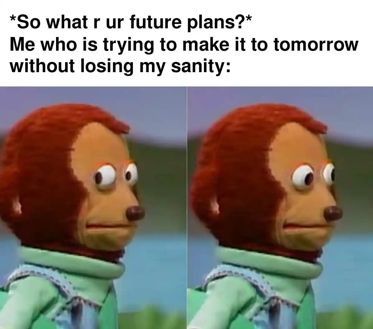 Awkward monkey puppet meme stressed about future plans