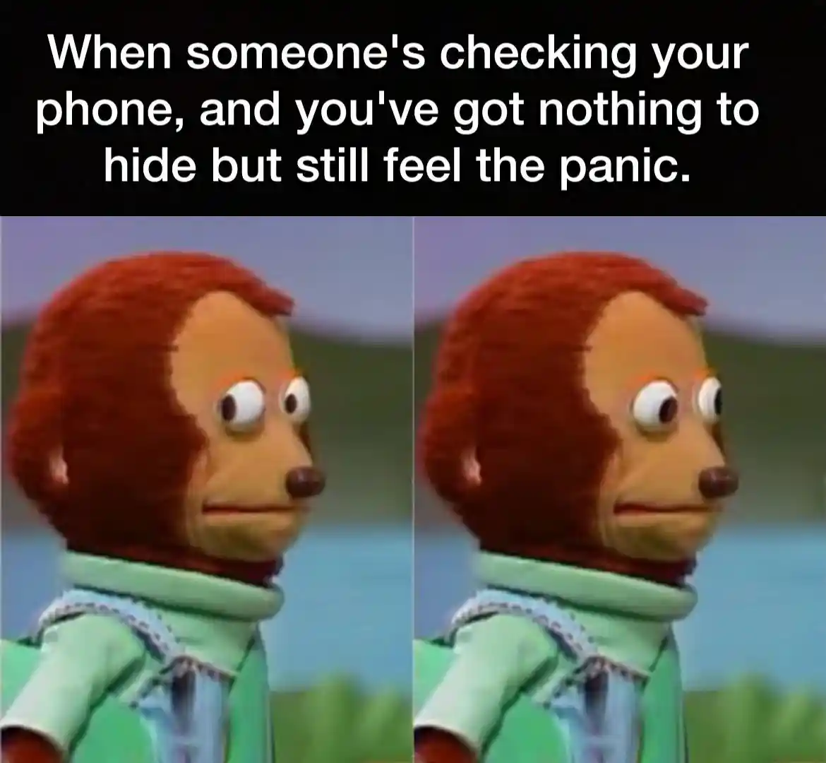 Awkward monkey puppet meme panics when someone checks the phone