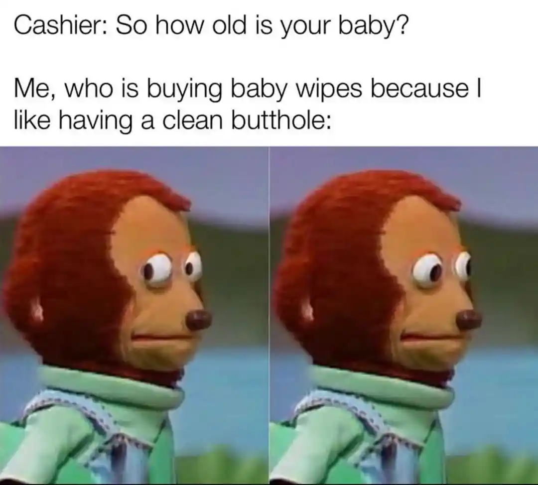 Awkward monkey puppet meme awkwardly hiding buying baby wipes from cashier