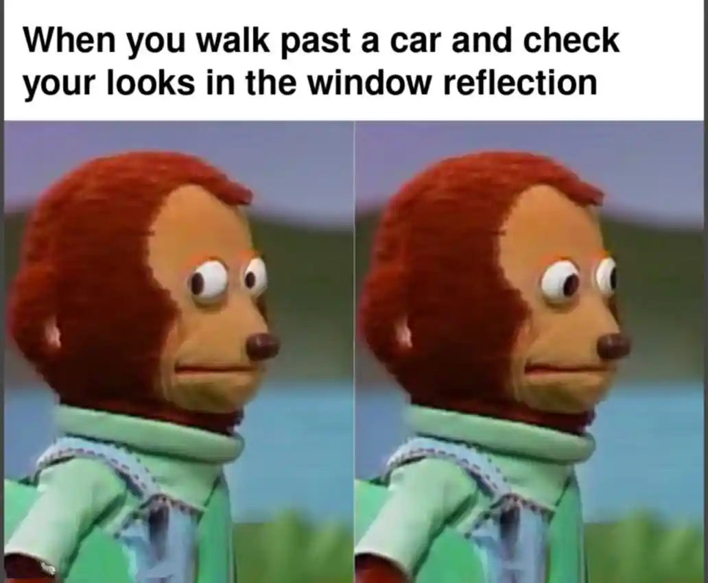 Awkward monkey puppet meme check looks in car window reflection