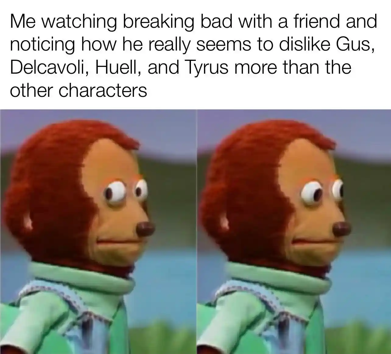 Awkward monkey puppet meme noticing friend dislikes breaking bad characters