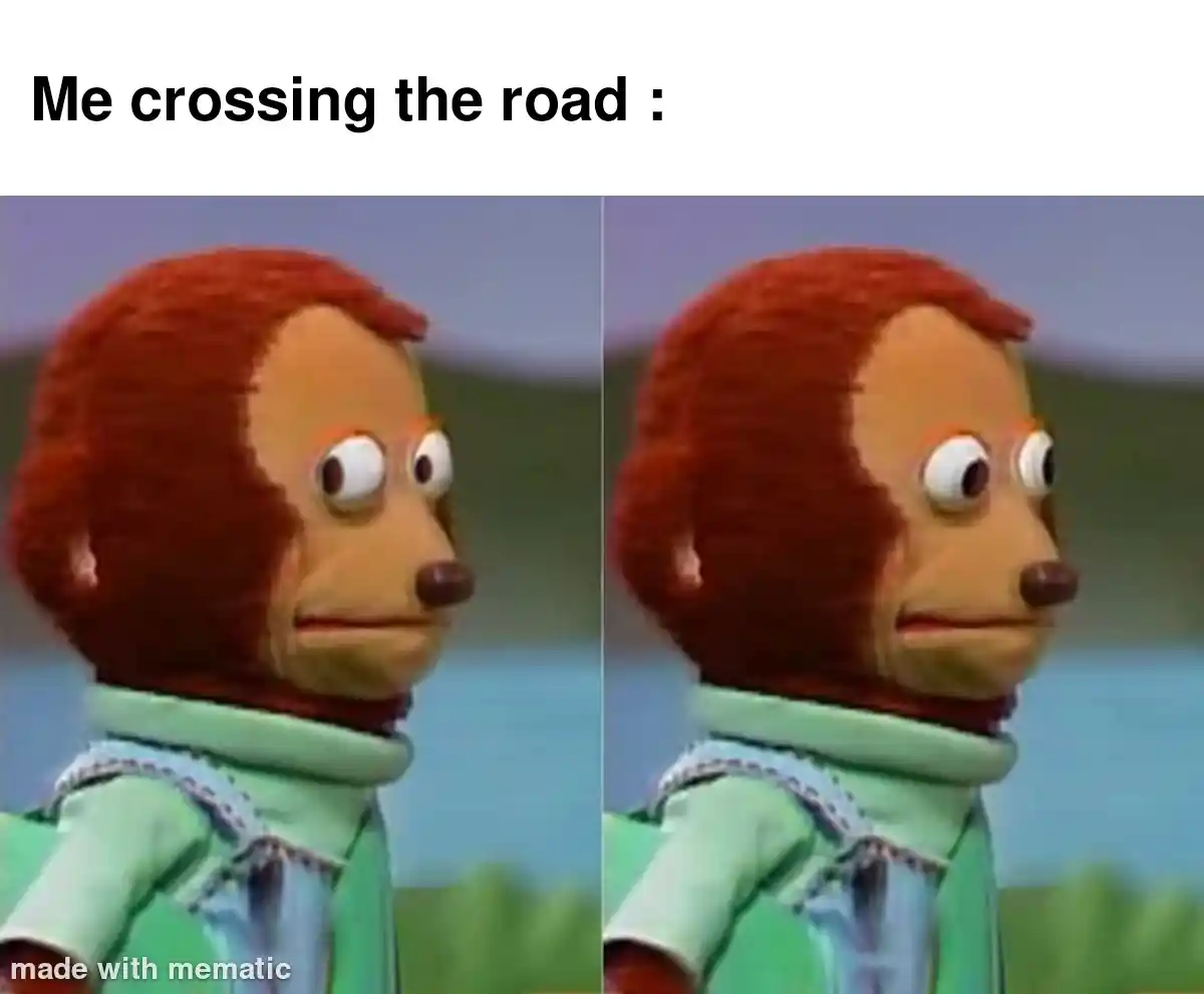 Awkward monkey puppet meme crossing road
