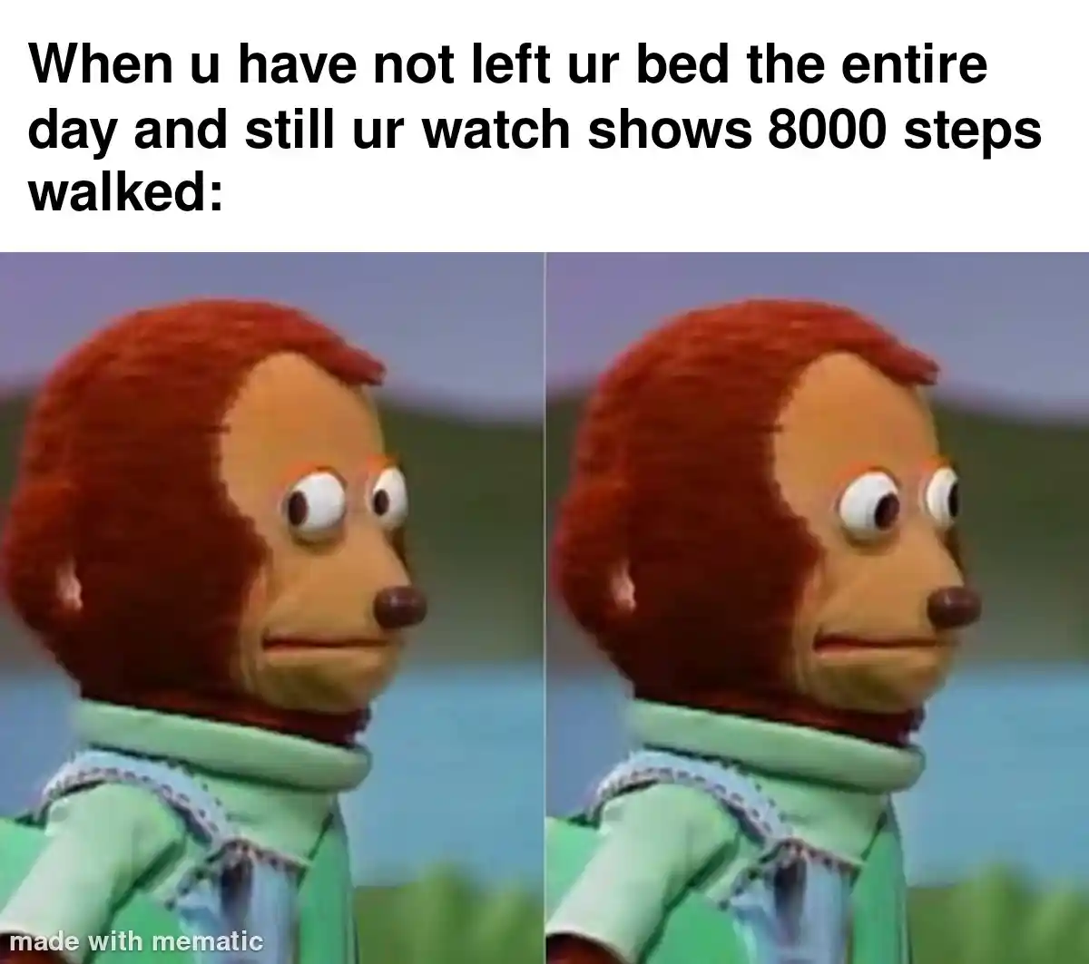 Awkward monkey puppet meme shocked at 8000 steps