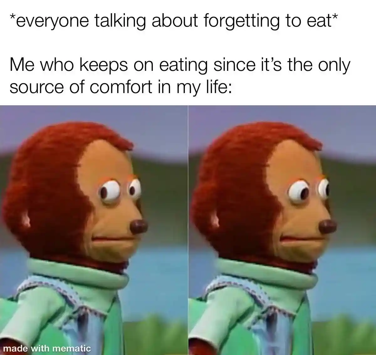 Awkward monkey puppet meme eats for comfort