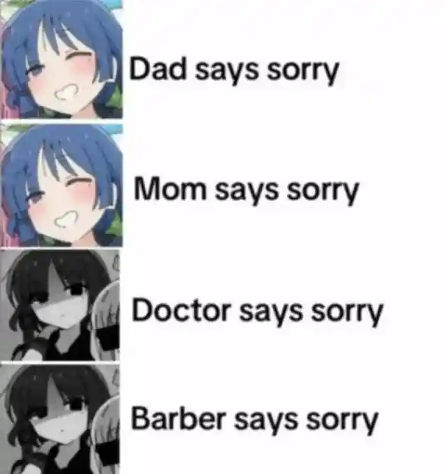 Barber says sorry meme with rising panic