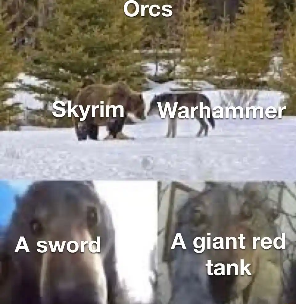 Bear and wolf staring meme skyrim vs warhammer orcs