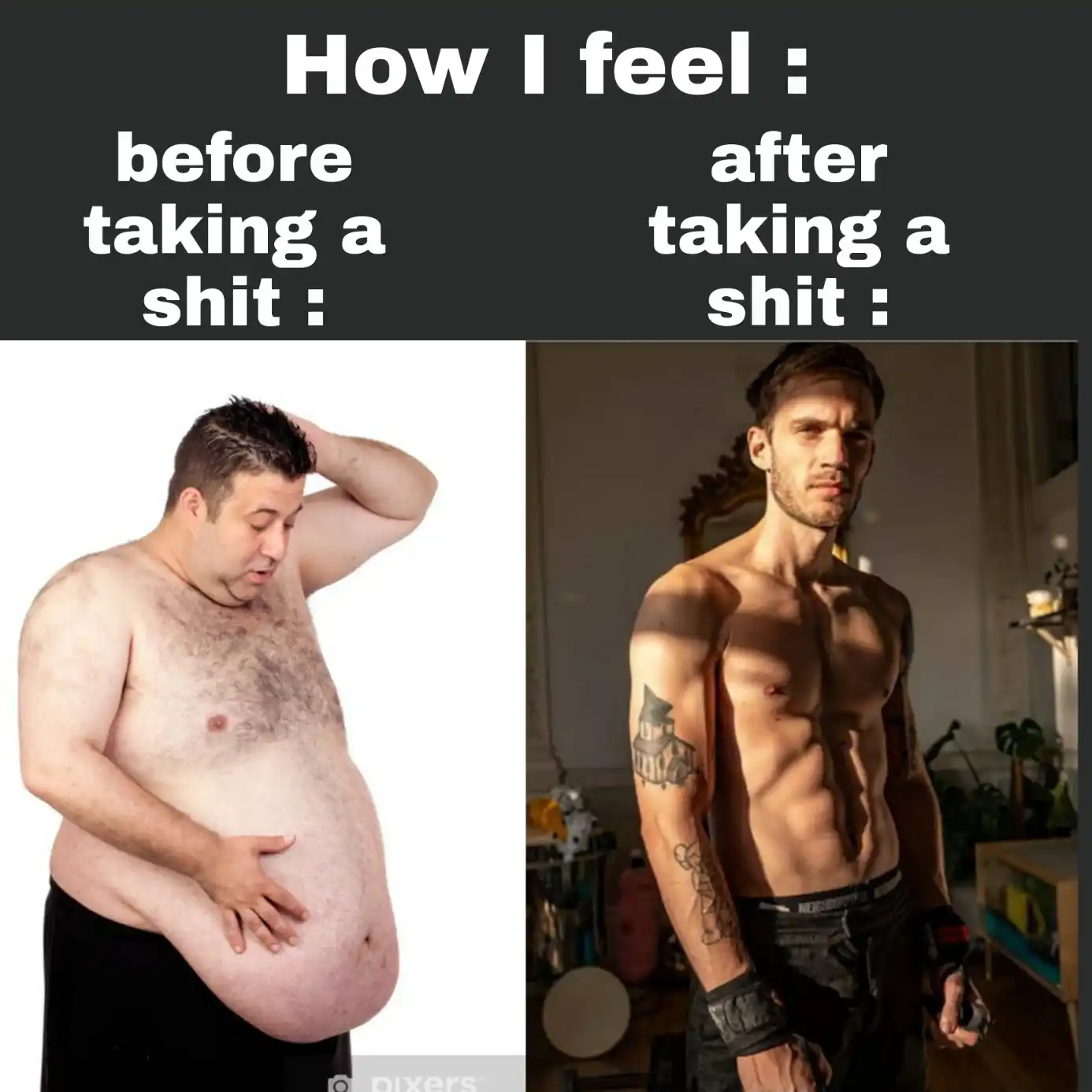 Before after poop meme showing great relief