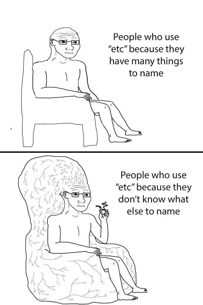 Big brain wojak meme joke on using etc
