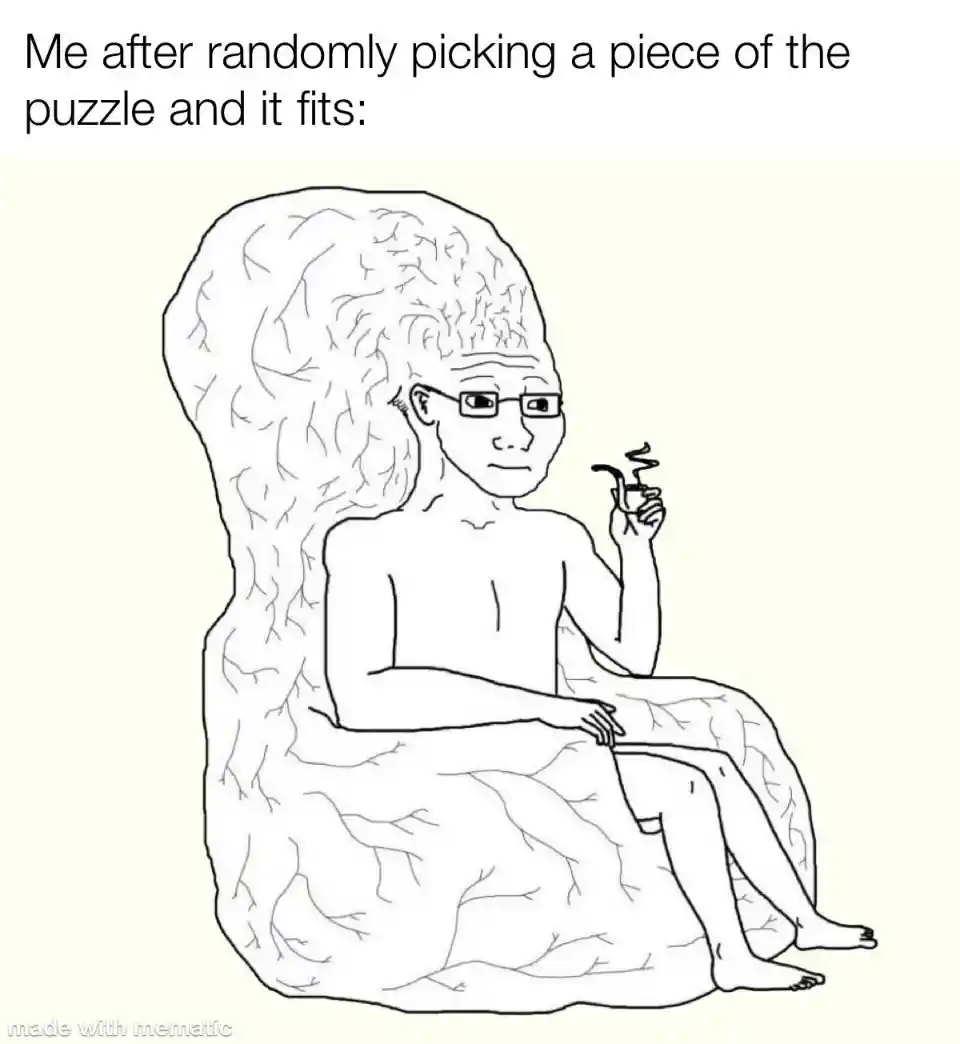 Big brain wojak meme smug after puzzle fits