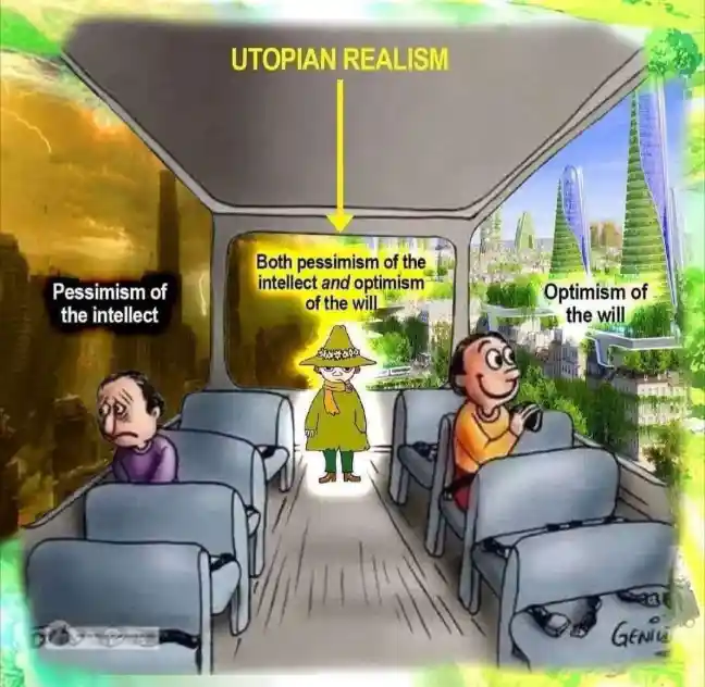 Utopian realism meme with two worldviews