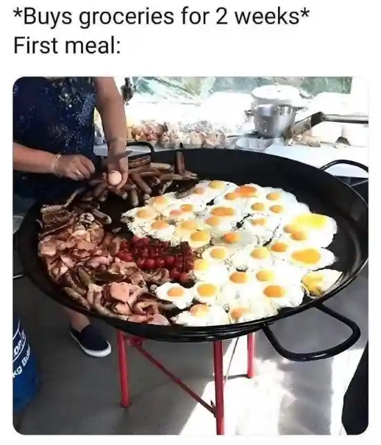 Buys 2 weeks groceries meme making huge first meal