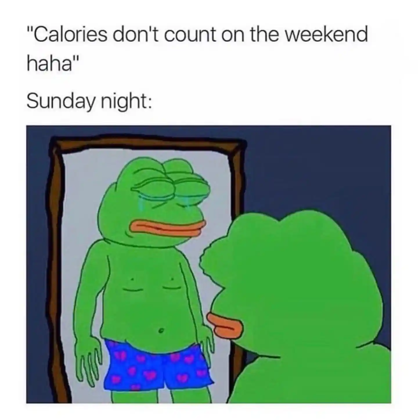 Pepe calorie meme crying on sunday night