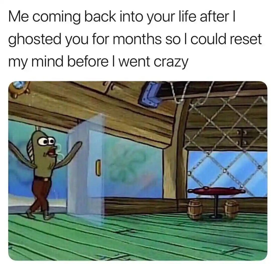 Ghosted ex coming back meme walking in happily after reset