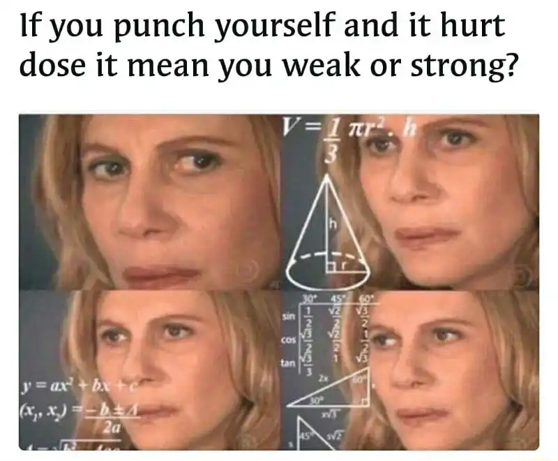 Confused math lady meme solving punch yourself weak or strong question