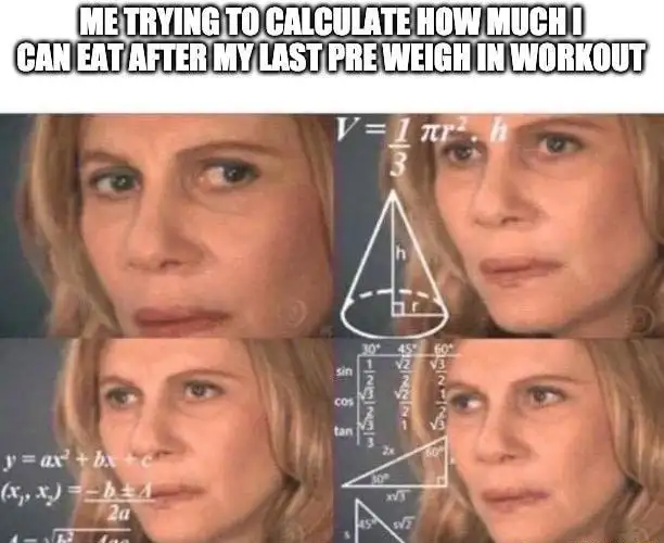 Confused math lady meme calculating food after pre workout