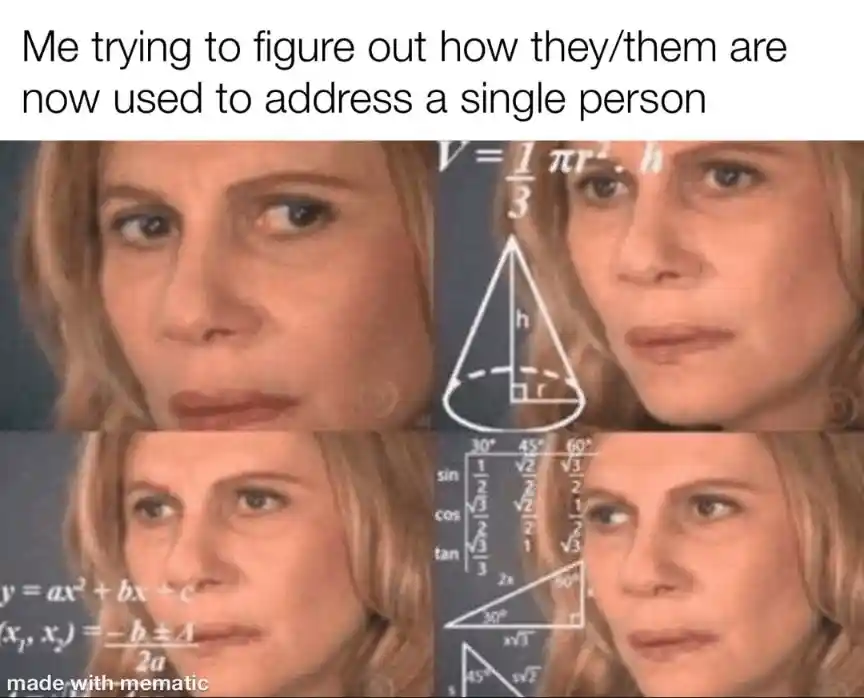 Confused math lady meme figuring out singular they usage