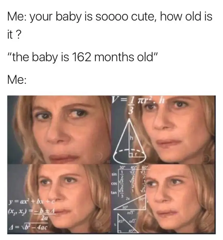 Confused math lady meme calculating 162 months baby age