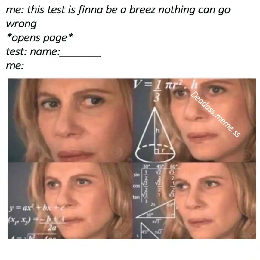 Confused math lady meme forgets test name