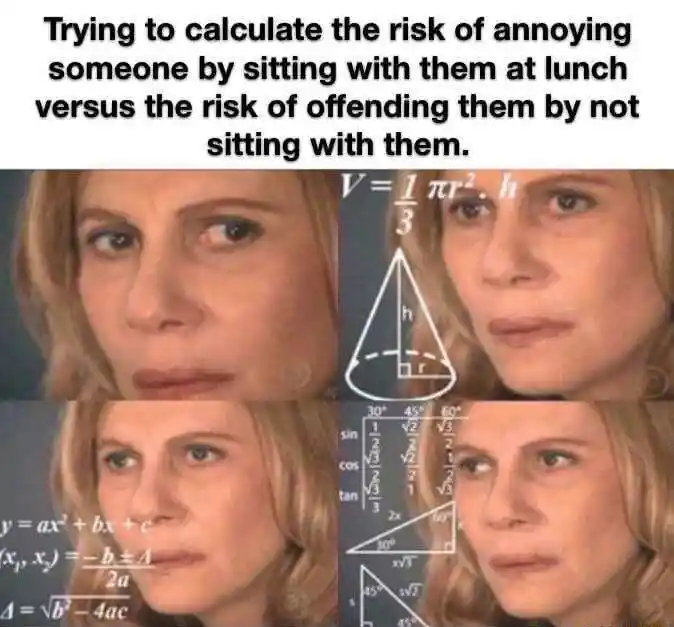 Confused math lady meme calculating lunch risk