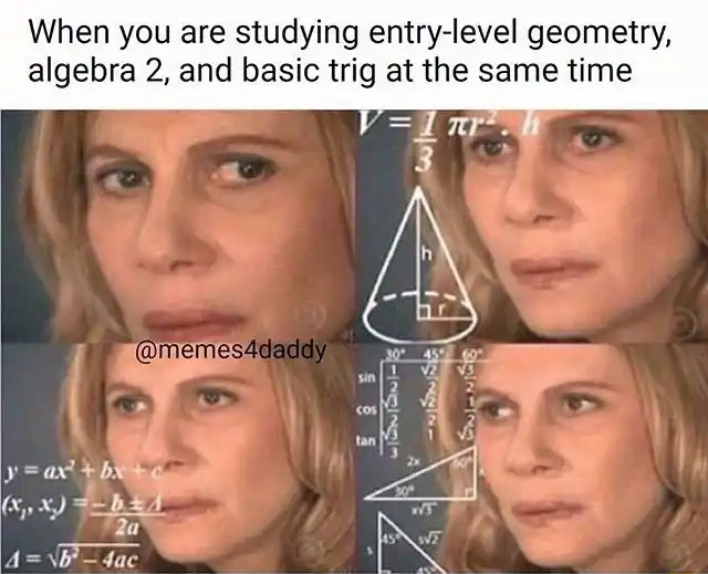 Confused math lady meme studying multiple math subjects