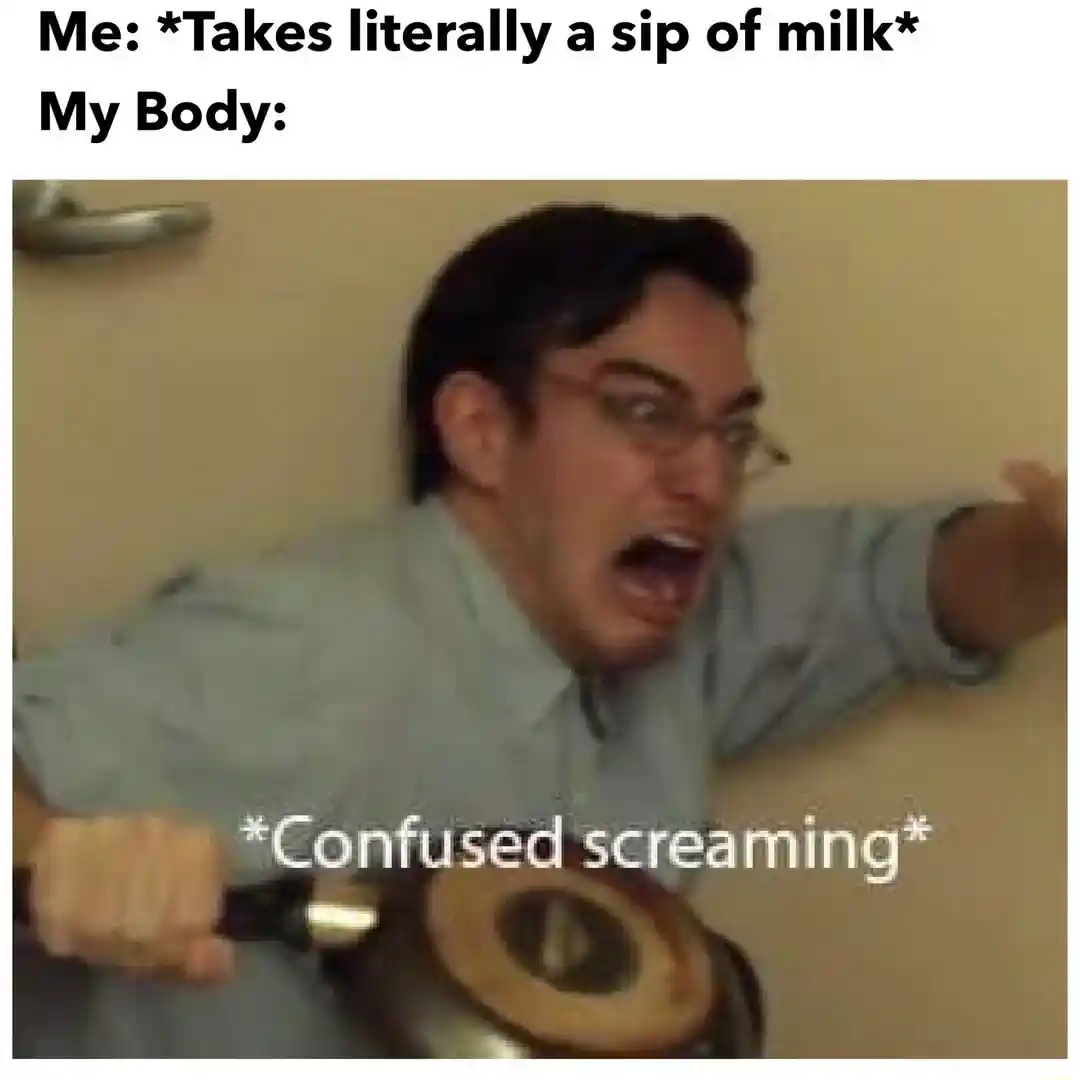 Confused screaming meme after drinking a sip of milk