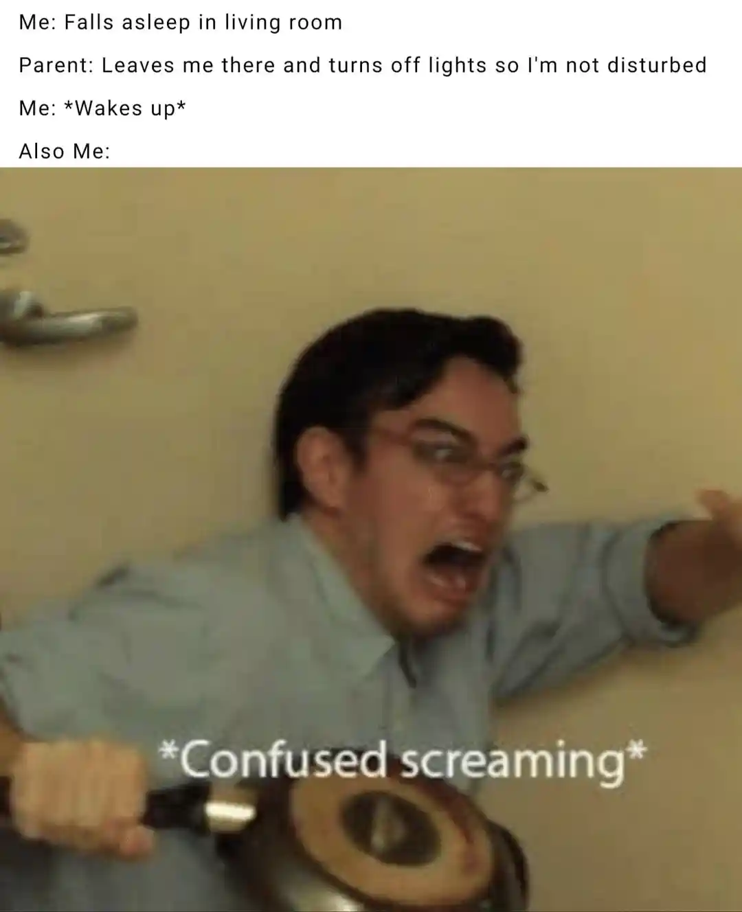 Confused screaming meme wakes up in dark