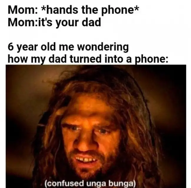 Confused unga bunga meme kid thinks dad is phone