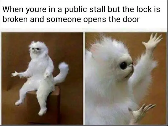 White monkey meme waves at public stall door