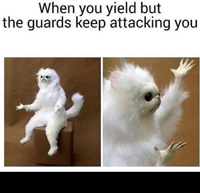 White monkey meme yield but guards attack