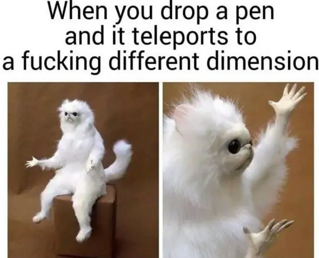 White monkey meme mad pen teleports away