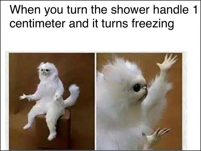 White monkey meme shocked by cold shower