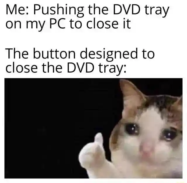 Crying cat thumbs up meme liking dvd tray button