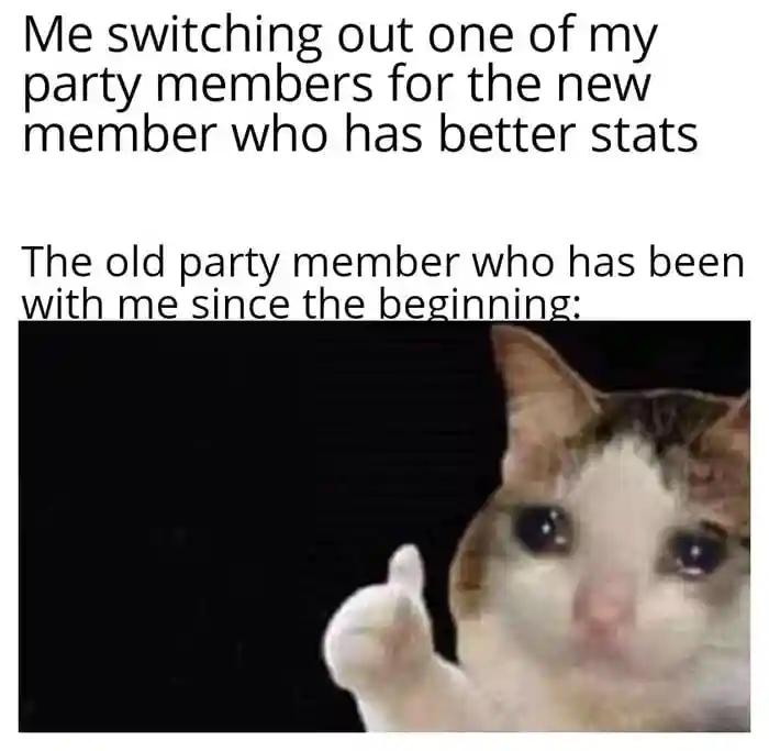 Crying cat thumbs up meme sad old game party member being replaced