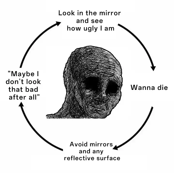 Depressed Wojak Cycle meme self hate mirror loop
