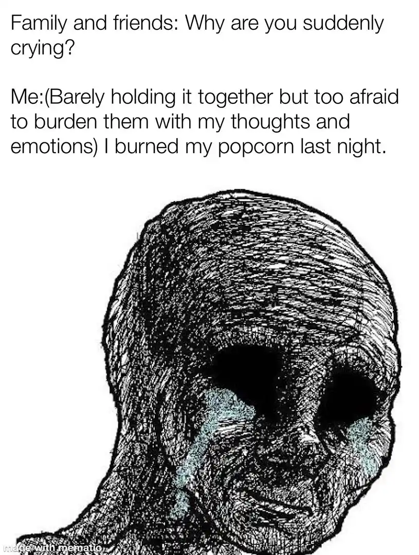 Depressed wojak meme hiding sadness