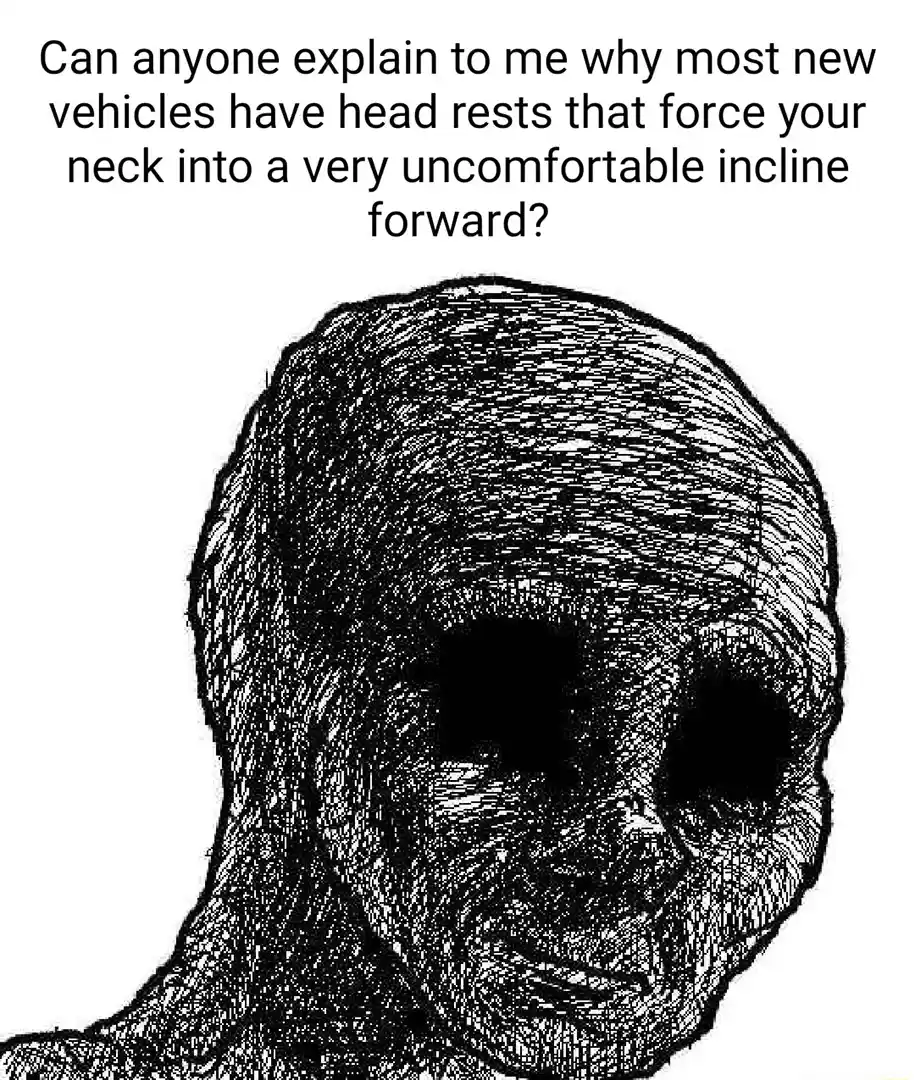 Depressed wojak meme hates car headrests