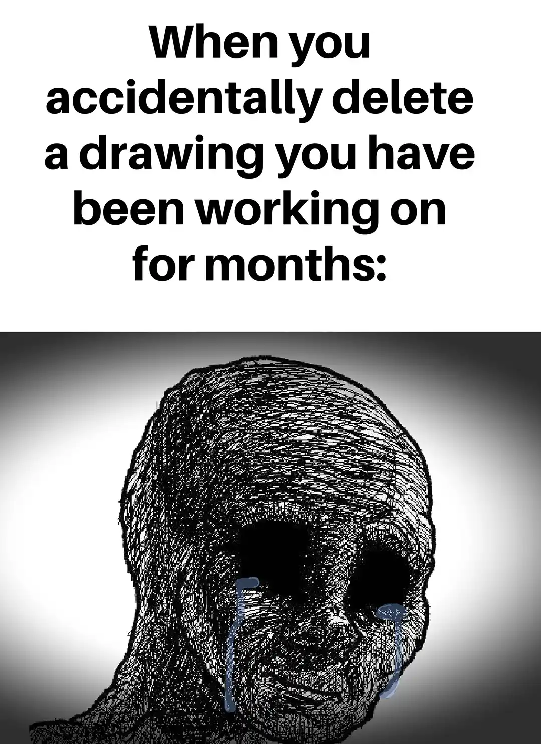 Depressed wojak meme crying over deleted drawing