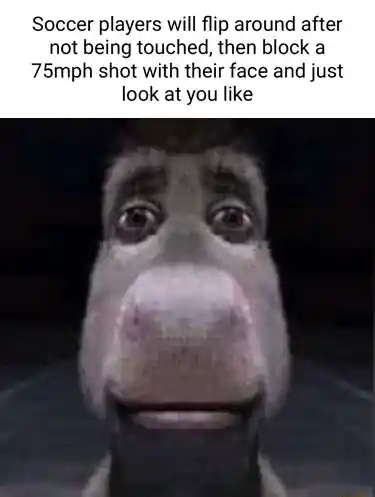 Donkey staring meme soccer players overreact then block shot with face blank look