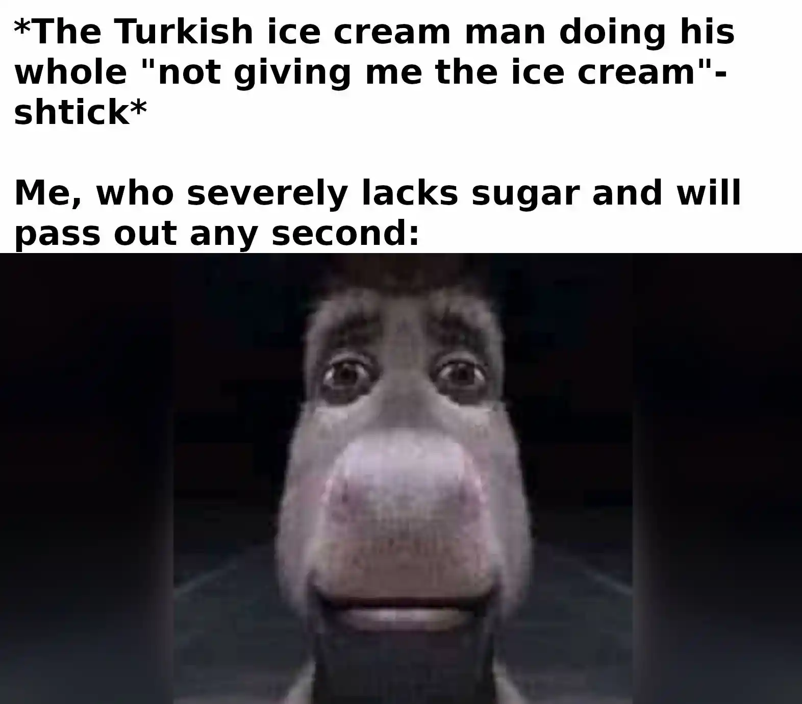 Donkey staring meme starving for turkish ice cream