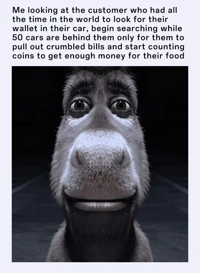 Donkey staring meme watching customer count coins