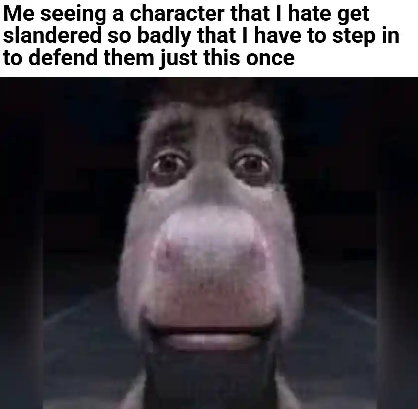 Donkey staring meme defending hated slandered role